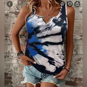 Blue/White Tie Dye Notched Neck Tank Top